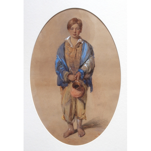 216 - Octavius Oakley, RWS (British, 1800-1867), Portrait of a boy holding a pottery jug, oval, watercolou... 