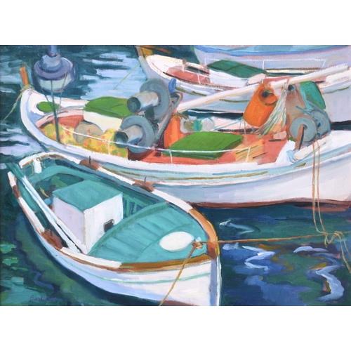 228 - Suzanne Blackstone (Jersey, fl. late 20th, early 21st century), Boats at Anchor, oil on hardboard, s... 