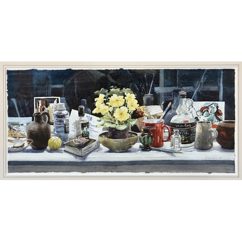 232 - David Henley (Jersey, b.1949), Still Life on a Ledge in the Artist's Studio, watercolour, signed and... 