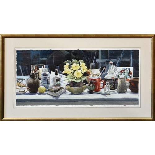 232 - David Henley (Jersey, b.1949), Still Life on a Ledge in the Artist's Studio, watercolour, signed and... 