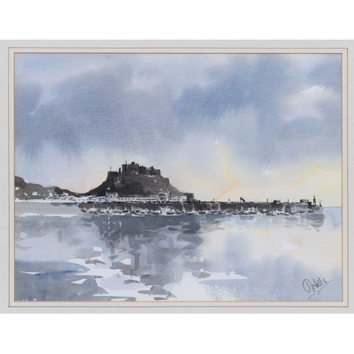 250 - Jackie Wells (British, 20th century), Gorey and Mont Orgueil, Jersey, watercolour, signed in pencil ... 