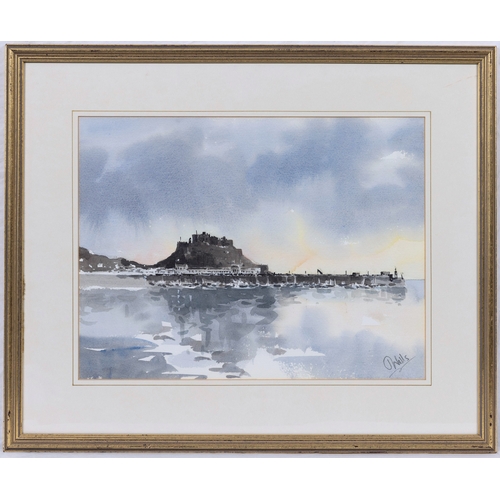 250 - Jackie Wells (British, 20th century), Gorey and Mont Orgueil, Jersey, watercolour, signed in pencil ... 