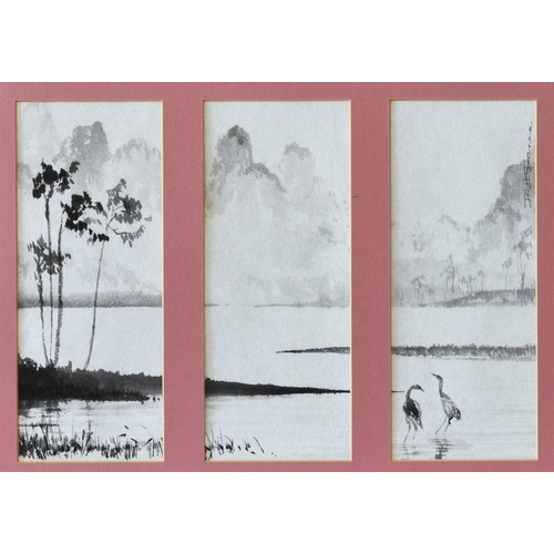 264 - Molly Parker known as Lan Mo-Li (Jersey, 20th century), Triptych of Chinese Lake Scenes with Mountai... 