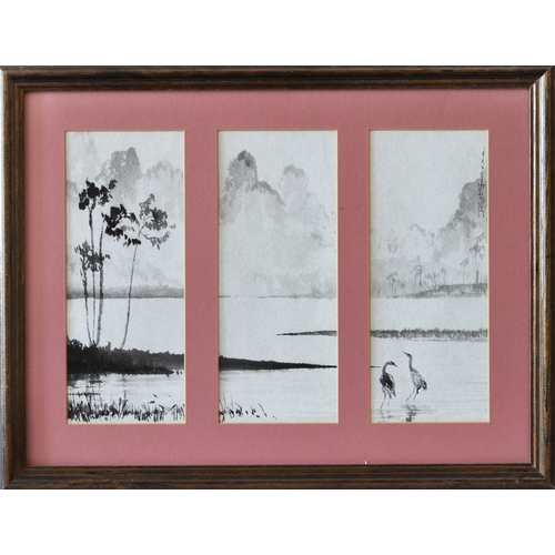 264 - Molly Parker known as Lan Mo-Li (Jersey, 20th century), Triptych of Chinese Lake Scenes with Mountai... 