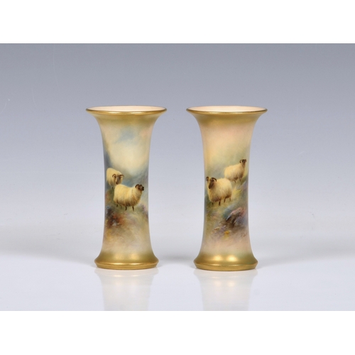 3 - A pair of Royal Worcester porcelain sheep painted trumpet spill vases by Harry Davis, each painted w... 