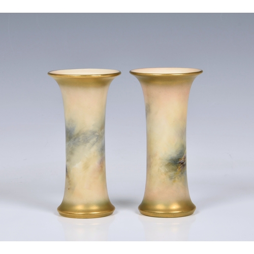 3 - A pair of Royal Worcester porcelain sheep painted trumpet spill vases by Harry Davis, each painted w... 