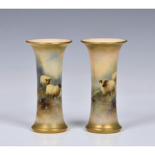 3 - A pair of Royal Worcester porcelain sheep painted trumpet spill vases by Harry Davis, each painted w... 