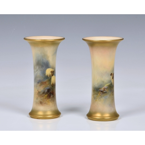 3 - A pair of Royal Worcester porcelain sheep painted trumpet spill vases by Harry Davis, each painted w... 