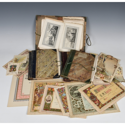 322 - A large collection of 18th and 19th century engravings and book plates, housed in marble boards, tog... 