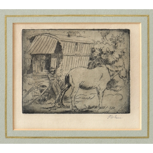 328 - Augustus Edwin John OM (Welsh, 1878-1961), Gypsy Caravan and Horse, etching on laid paper, signed in... 