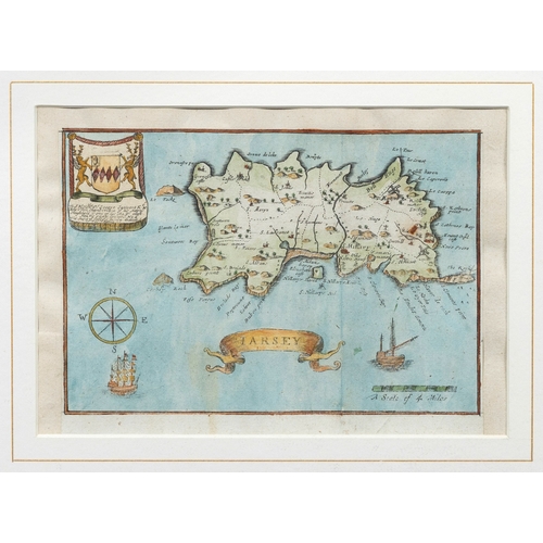 342 - Hand coloured Map of Jersey, by Blome, engraving on laid paper, laid onto laid paper, circa 1670, fr... 