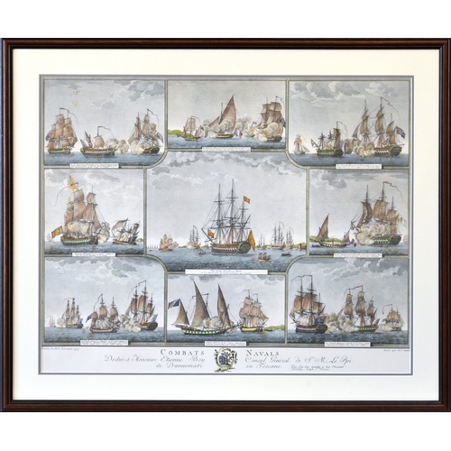 362 - A 19th Century or later French Naval Print, Engraved by Joseph Angeli, Combats Navals, hand tinted, ... 