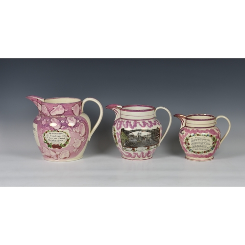 37 - Three Sunderland pink lustre jugs, to include a large early nineteenth century Sunderland pink lustr... 