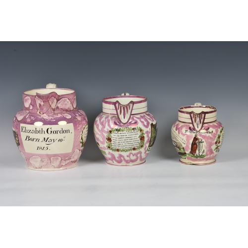 37 - Three Sunderland pink lustre jugs, to include a large early nineteenth century Sunderland pink lustr... 