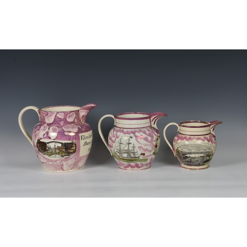 37 - Three Sunderland pink lustre jugs, to include a large early nineteenth century Sunderland pink lustr... 