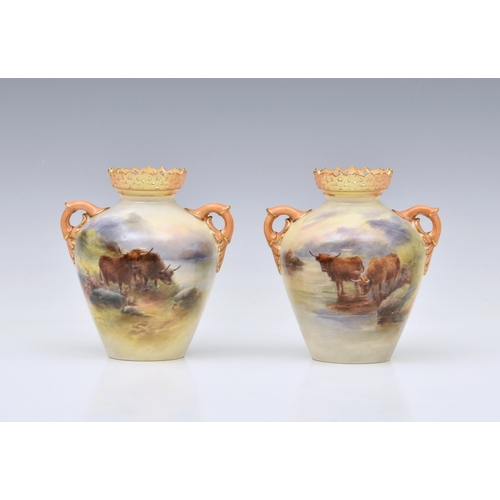 4 - A pair of Royal Worcester porcelain highland cattle painted twin handled vases by Harry Stinton, one... 