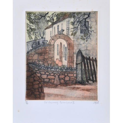 406 - Maria B. Whinney (British, 1914-1995), 'Old Guernsey Farmhouse II', coloured etching, signed with in... 