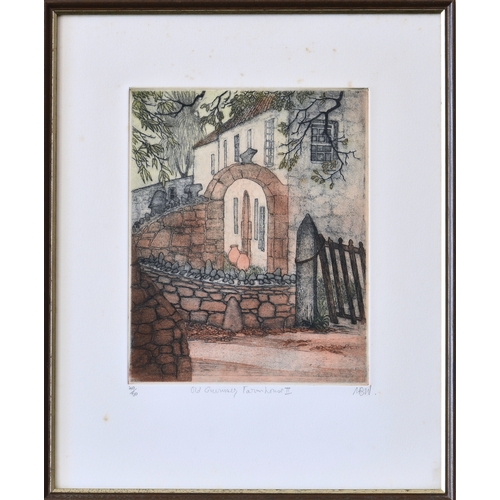 406 - Maria B. Whinney (British, 1914-1995), 'Old Guernsey Farmhouse II', coloured etching, signed with in... 