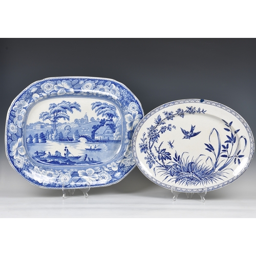 42 - An early 19th century large blue and white pottery meat platter, printed with 'Wild Rose' pattern, 2... 