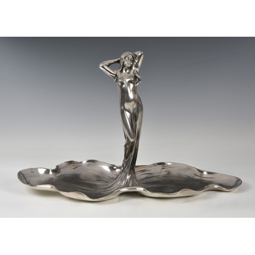 424 - A WMF Art Nouveau silver plated visiting card tray, early 20th century, depicting a female figure in... 