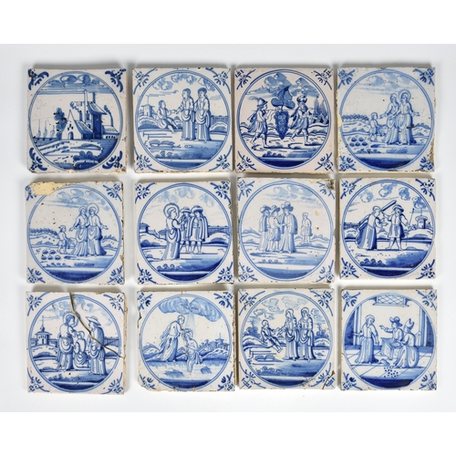 43 - A set of twelve Dutch Delft blue and white tiles, probably 17th century, the tiles with central fiel... 