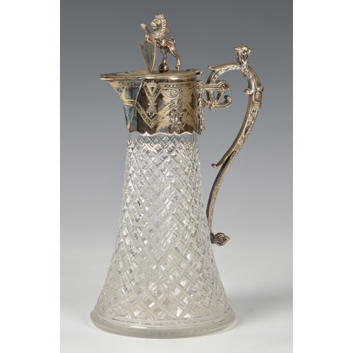 432 - A cut glass claret jug with silver plated mount, late 19th century, the flared, diamond and prismati... 