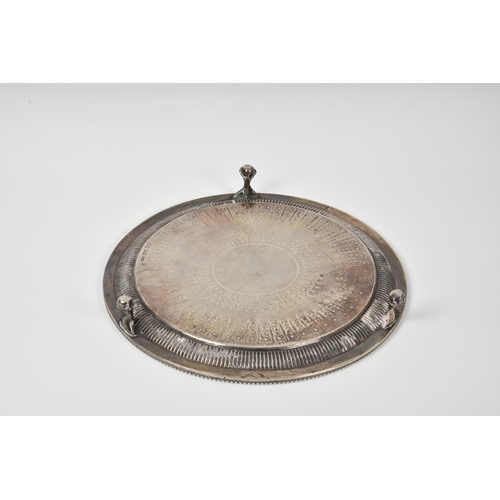 440 - A Victorian silver card waiter, George Richards Elkington, London 1868, circular with chased foliate... 