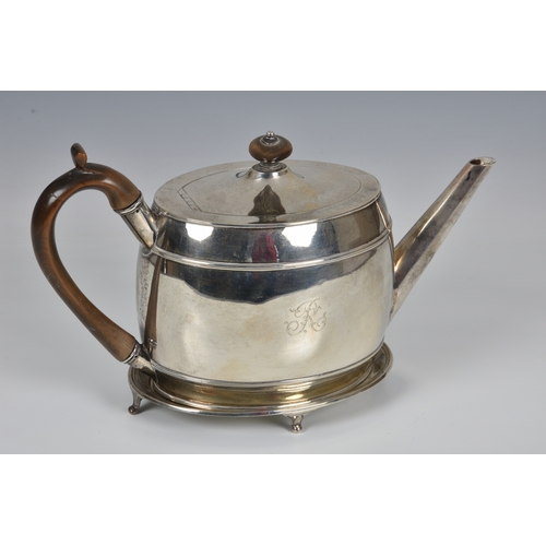 443 - A George III silver tea pot and stand, John Touliet, London 1791, plain oval form with two girdles, ... 