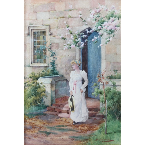 455 - Bernard Kaufmann (British, active 1892-1901), Girl on the steps of a country house, watercolour, sig... 