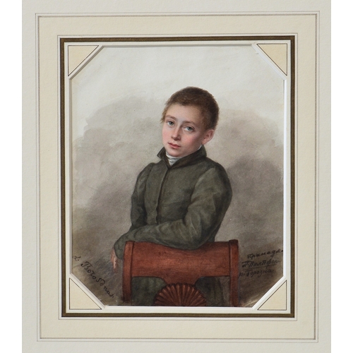 461 - Russian School, mid 19th century, Boy leaning on a Chair, watercolour, signed lower left "L. Bo... 