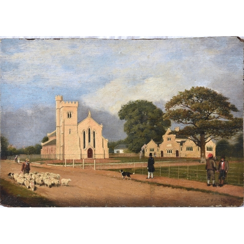 466 - English School, mid 19th century,, Sheep being driven through a Village, oil on a chamfered oak pane... 