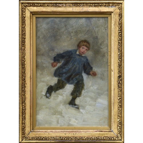 469 - Pierre Edouard Frere (French, 1819-1886), Young boy running in the snow, oil on mahogany panel, red ... 