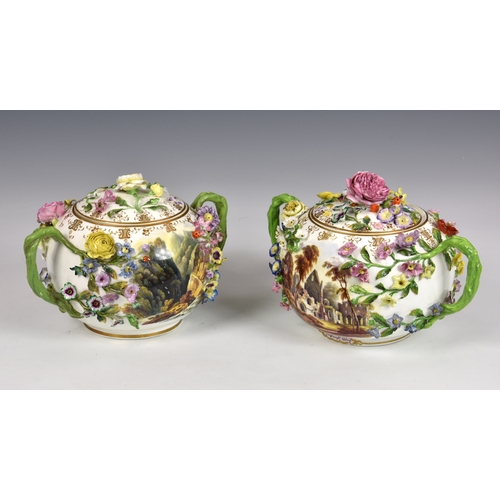 47 - A pair of Minton porcelain flower-encrusted twin handled pots and covers, circa 1825, each painted w... 