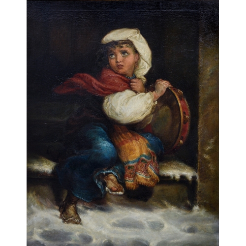 479 - 19th Century School, A gypsy girl seated on a snowy step, supporting a tambourine at her side, oil o... 