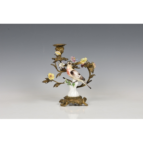 48 - A Samson porcelain ormolu-mounted bird candlestick, 19th century, composed of a porcelain bird stand... 