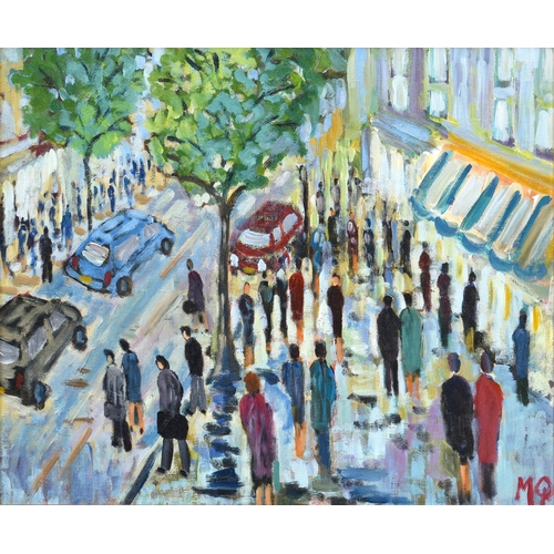 480 - Michael Quirke (British, b.1946), Shoppers in a busy street scene with cars and trees, oil on canvas... 