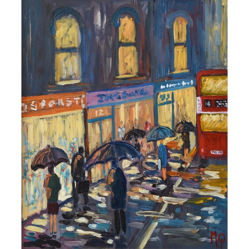 481 - Michael Quirke (British, b.1946), 'Wet Evening', Shoppers on a rain swept London street, oil on canv... 