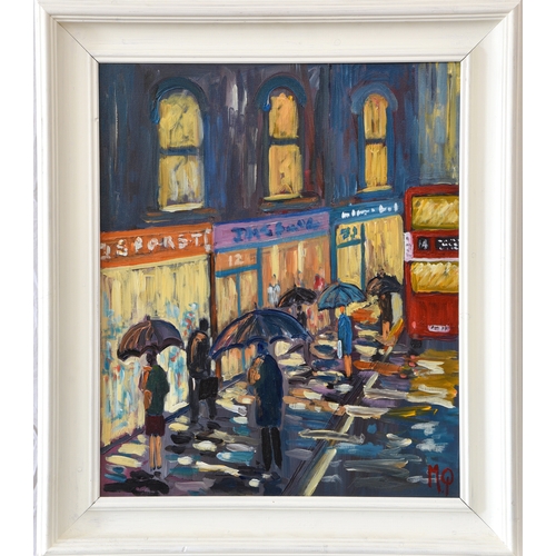 481 - Michael Quirke (British, b.1946), 'Wet Evening', Shoppers on a rain swept London street, oil on canv... 