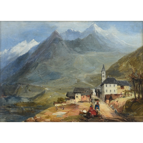 486 - James Holland (British, 1799-1870), Tyrolean landscape with figures outside a village, oil on board,... 