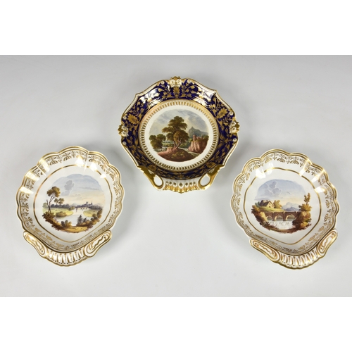 49 - A pair of Spode shell shaped topographical dessert dishes, one with black factory painted mark, the ... 