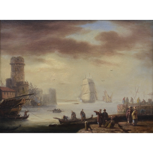 495 - Thomas Luny (British, 1759-1837), An Eastern Harbour with a Square Rigger Entering, Moorish figures ... 