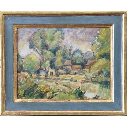 496 - English School, mid 20th century, Cottage Among Trees, oil on hardboard, signed with monogram lower ... 