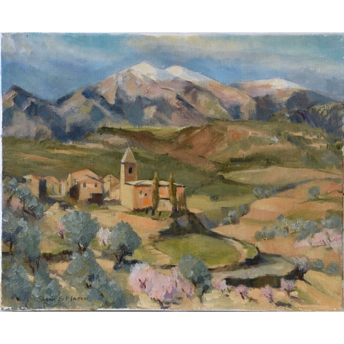 497 - Susan Swann-Mason (British, 20th century), Church and village in a mountainous landscape, oil on can... 