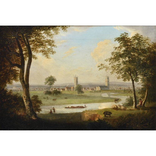 531 - English School (19th century), Pastoral river landscape with two churches and town beyond, oil canva... 