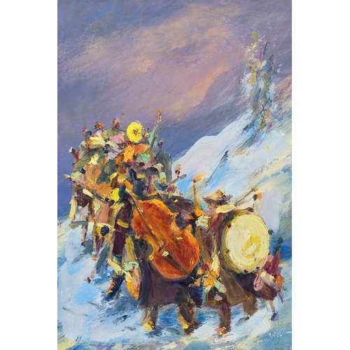 533 - Eastern European School, late 20th century, Travelling band, oil on board, signed indistinctly lower... 