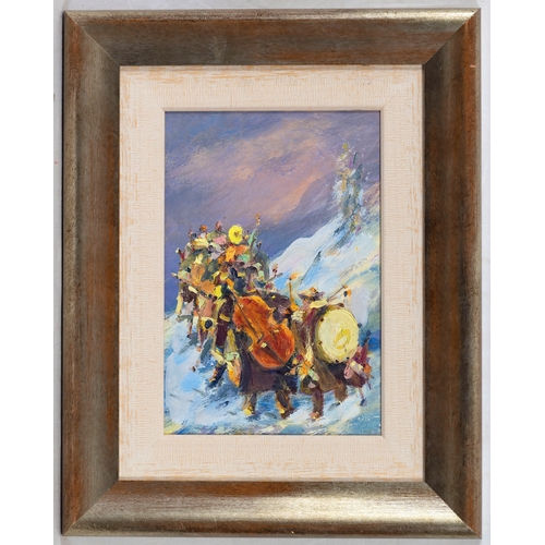 533 - Eastern European School, late 20th century, Travelling band, oil on board, signed indistinctly lower... 