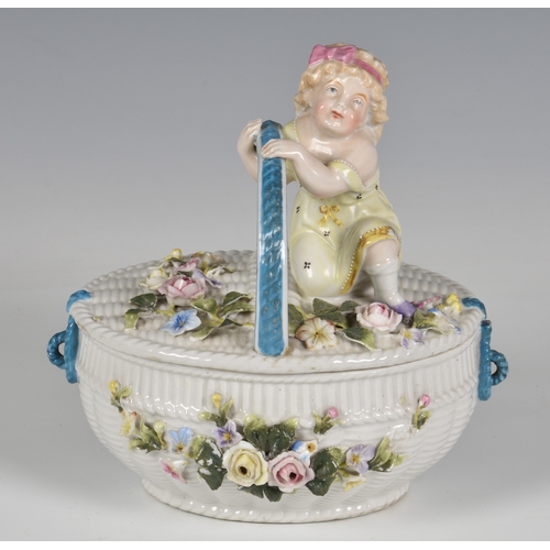 54 - French white porcelain lidded basket, encrusted with coloured flowers and figure of a young girl sea... 