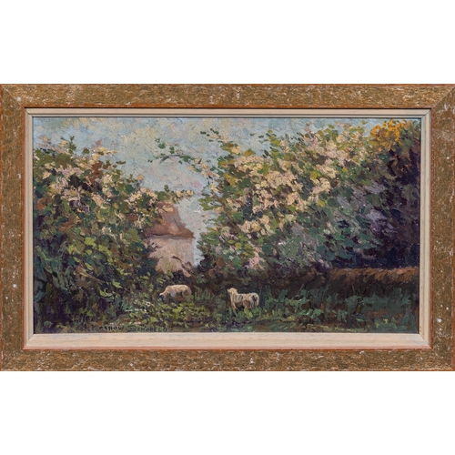 544 - Kershaw Schofield (British, 1875-1941), Sheep in an Orchard in Blossom, oil on board, signed lower l... 