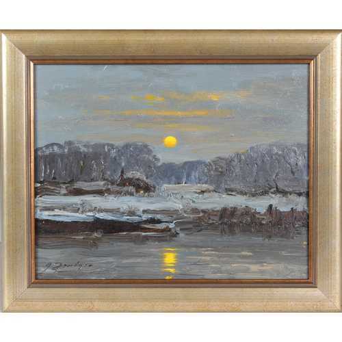 550 - John Foulger (British, 1943-2007), 'Winter on the Orwell', oil on hardboard, signed lower left inscr... 