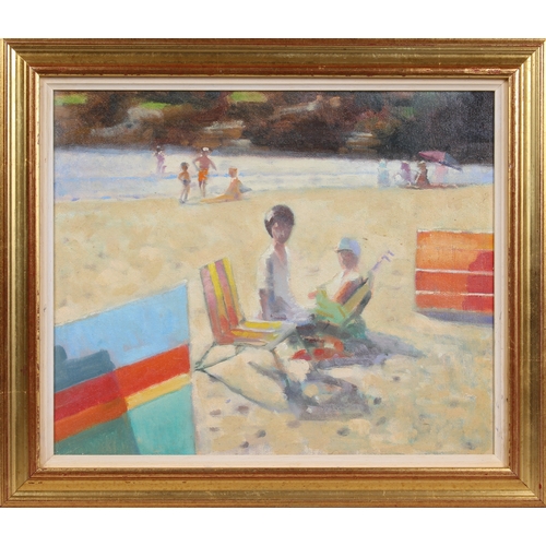 562 - Zlatan Pilipovic (b.1958 Sarajevo), Study of Two Figures on a Beach with Windbreaks, oil on canvas b... 